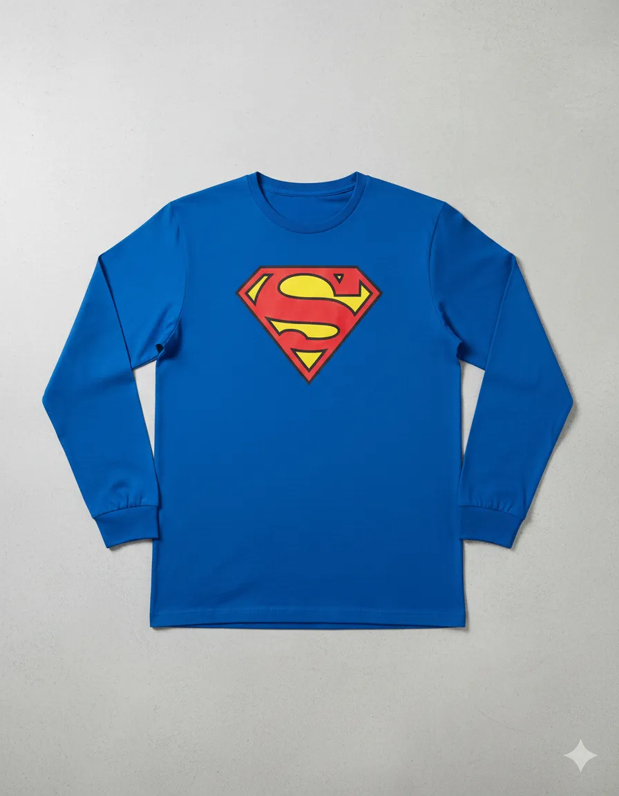 Camiseta Manga Comprida Longa Adulto Unissex Azul Super Homem Silk Screen Manual Premium mlc