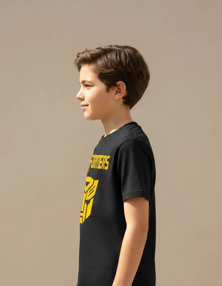 Camiseta Manga Curta Malha PV Infantil Unissex Preta Transformers Logo Amarelo Silk Screen Manual mlr
