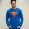 Camiseta Manga Comprida Longa Adulto Unissex Azul Super Homem Silk Screen Manual Premium mlc
