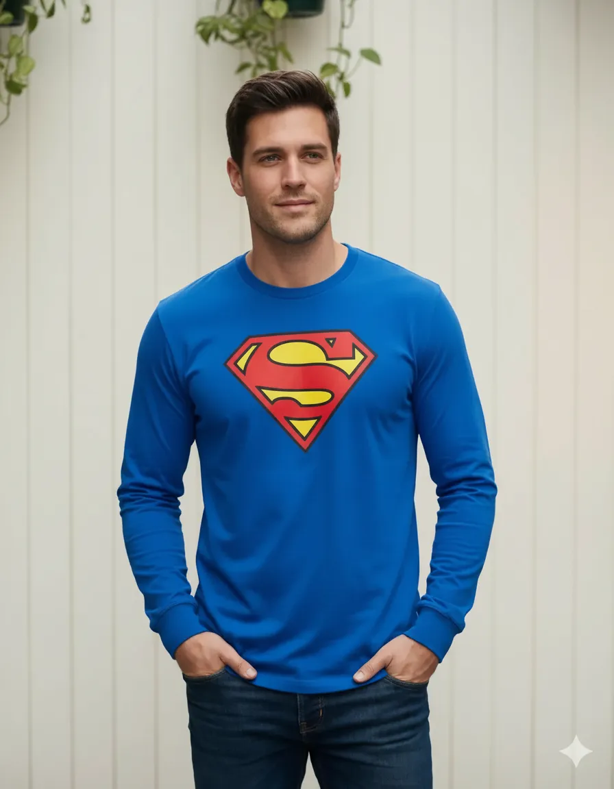 Camiseta Manga Comprida Longa Adulto Unissex Azul Super Homem Silk Screen Manual Premium mlc