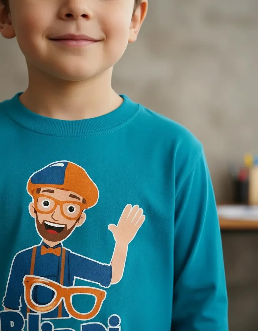 D_NQ_NP_2X_929838-MLA111163249999_052026-F Camiseta Blippi Infantil Manga Longa Personagem Youtuber Azul-Turquesa