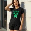 Camiseta Manga Curta Baby Look Feminina Preta Minecraft Creeper mlr