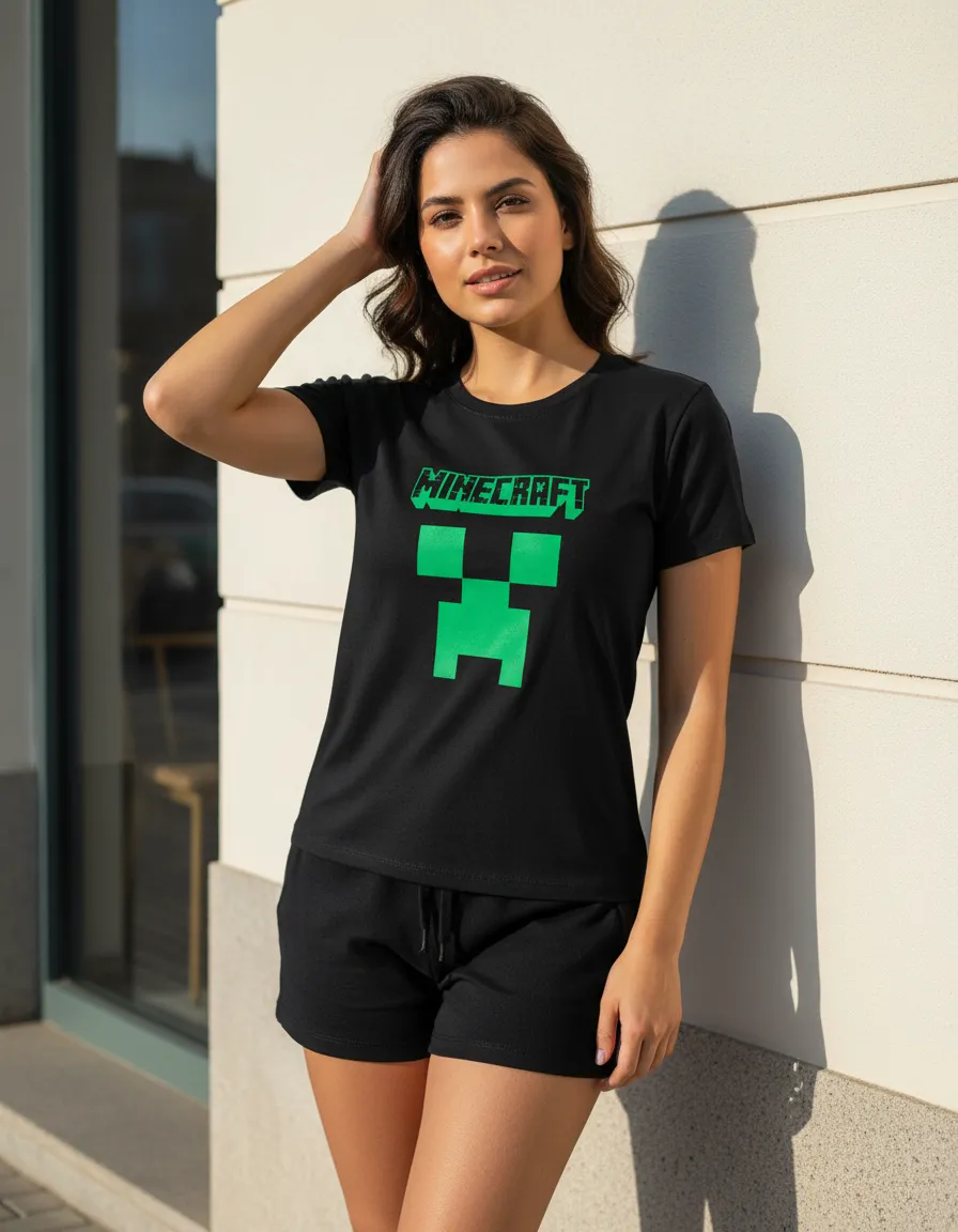 Camiseta Manga Curta Baby Look Feminina Preta Minecraft Creeper mlr