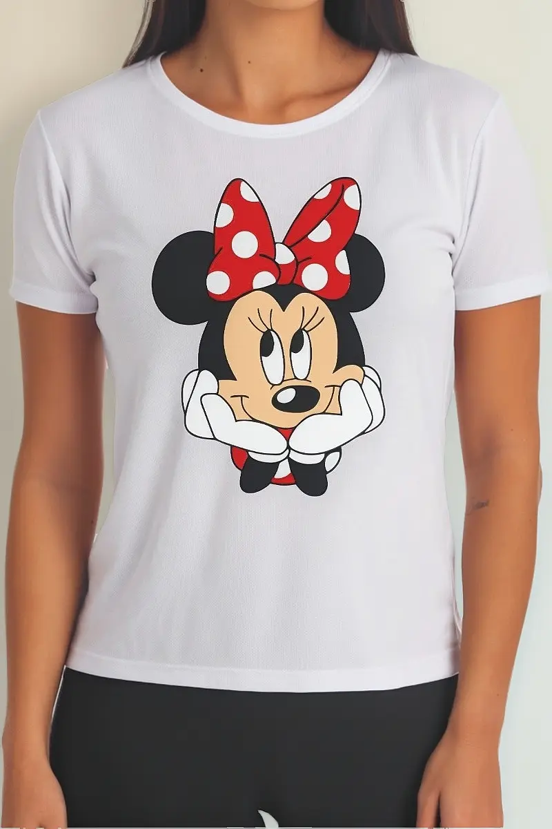 Camiseta Manga Curta Adulto Baby Look Feminina Branca Minnie Mouse mlr