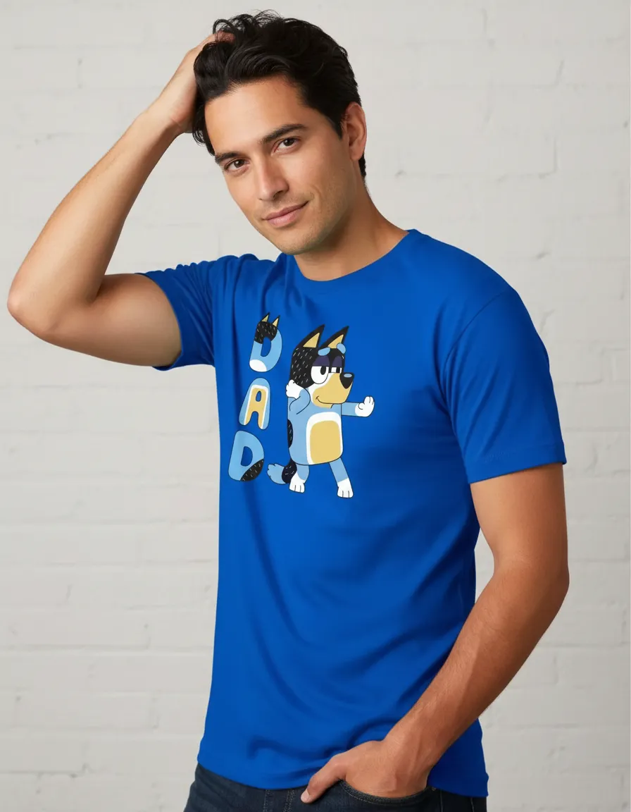 D_NQ_NP_2X_941444-MLB114327883995_072026-F-camiseta-bluey-adulto-tradicional- Camiseta Masculina Desenho Pai Bluey Bandit Tradicional Cor Azul-Royal