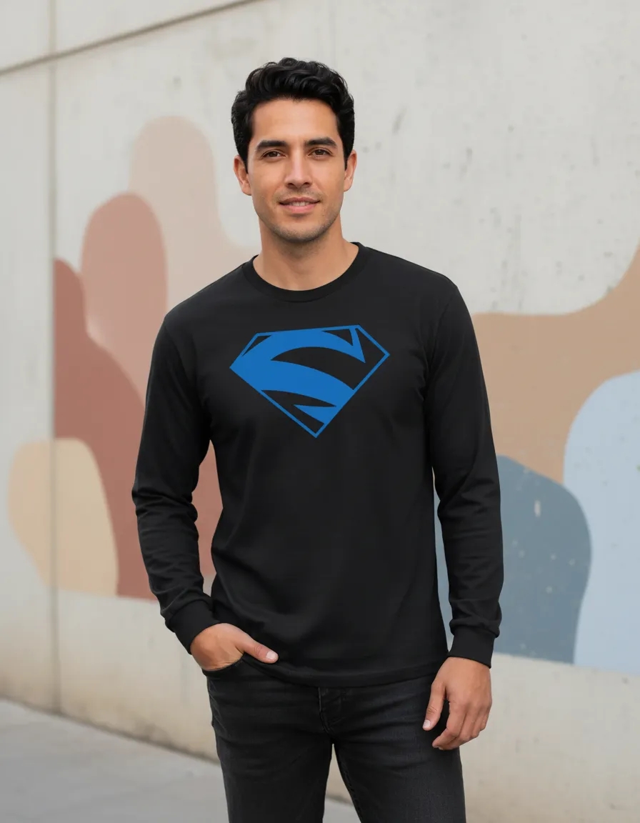 Camiseta Manga Comprida Longa Preta Adulto Unissex Super Homem Elétrico Logo Azul Silk Screen Manual Spe