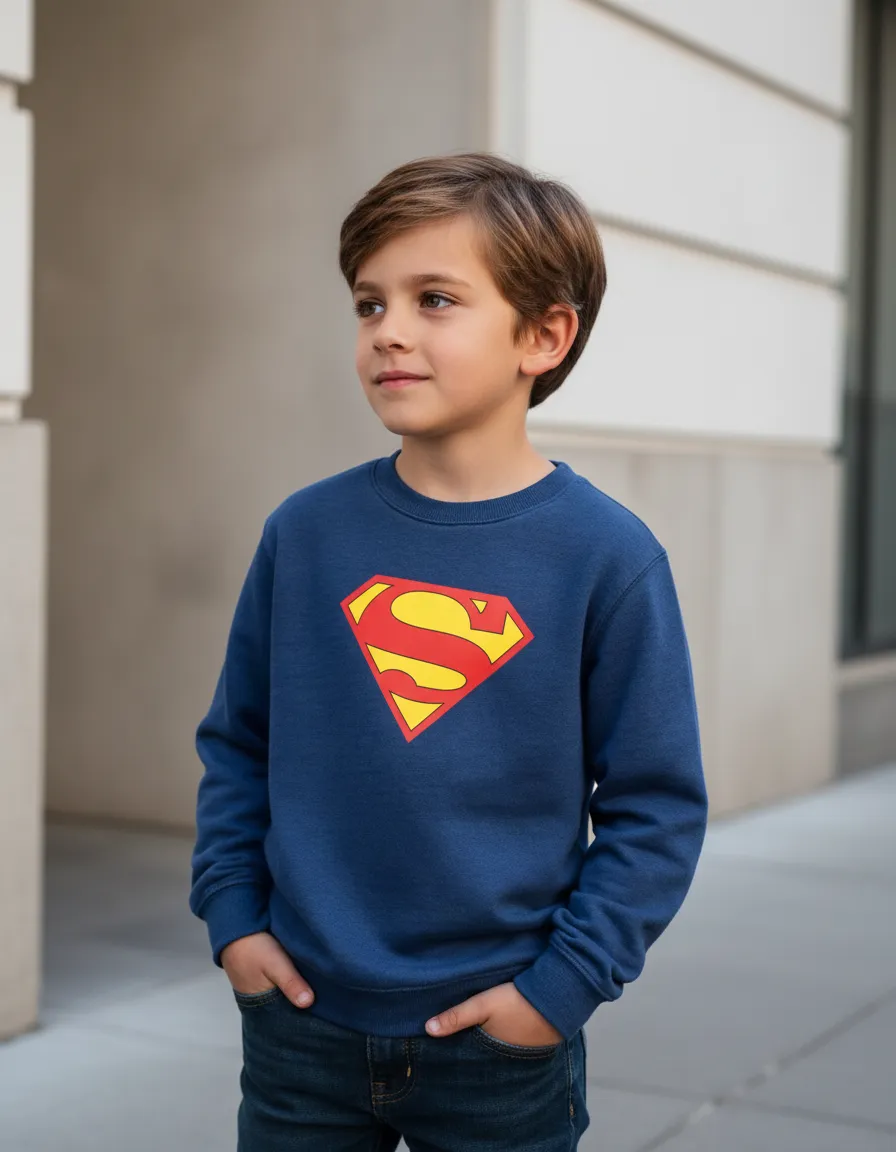 D_NQ_NP_2X_960414-MLA112587451041_062026-F Blusa Moletom Algodão Flanelado Infantil Unissex Silk Screen Manual Premium Super Homem Cor Azul Marinho