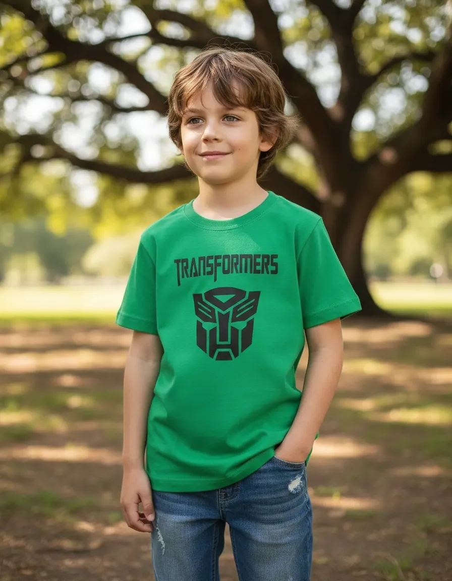 D_NQ_NP_2X_960531-MLA113191048546_072026-F Camiseta Manga Curta Malha PV Infantil Unissex Verde Transformers Estampa Silk Screen Manual Premium