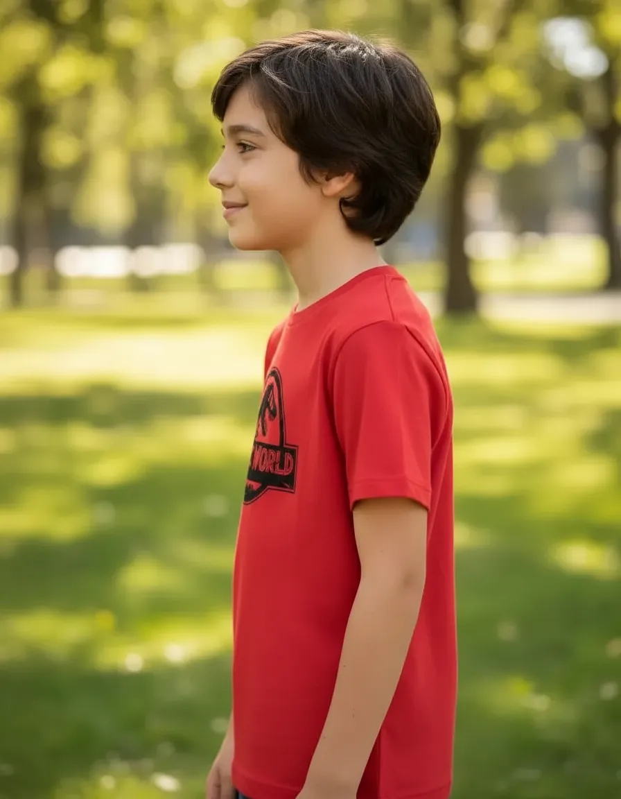 D_NQ_NP_2X_986892-MLA113175856744_072026-F Camiseta Manga Curta Malha PV Infantil Unissex Vermelha Jurassic World Silhueta Estampa Silk Screen