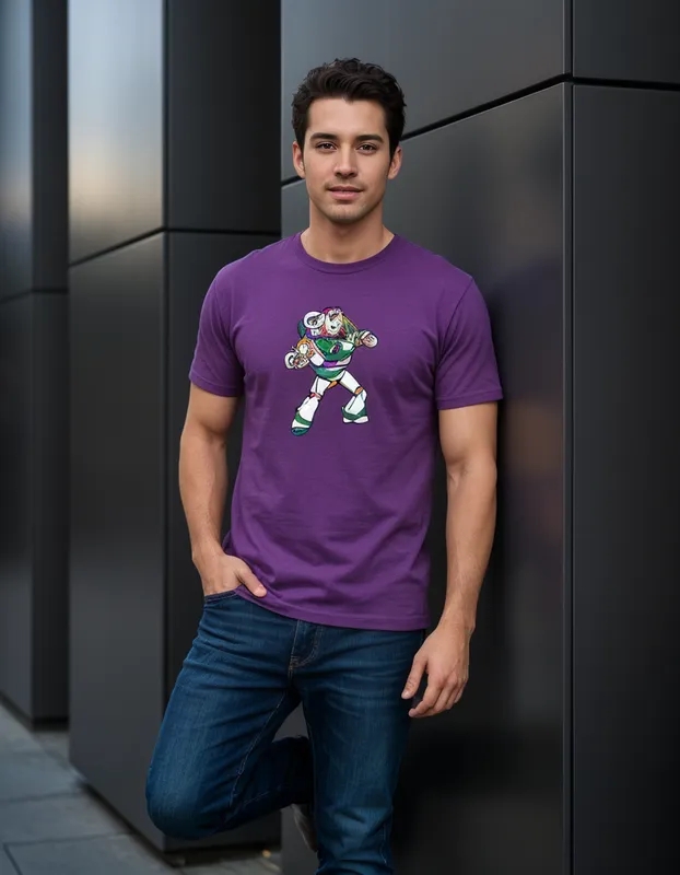Sem título1 Camiseta Malha PV Manga Curta Adulto Unissex Roxa Buzz Toy Story Estampa Silk Screen Manual Premium Spe