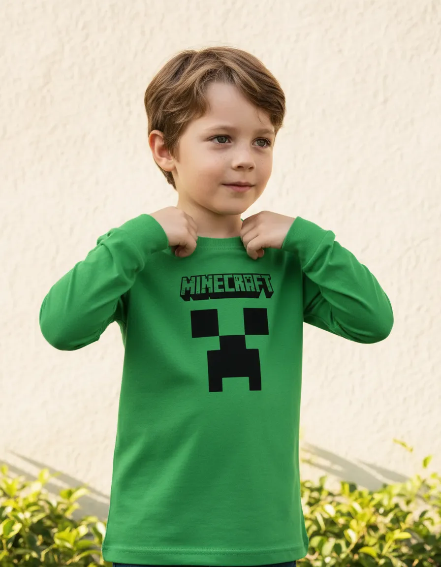 camiseta-infantil-manga-longa-verde-minecraft-silk-screen-hq Camiseta Manga Comprida Longa Infantil Unissex Verde Minecraft Creeper Silk Screen Manual Premium ML