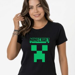 curtababylookminecraftpreta Camiseta Manga Curta Baby Look Feminina Preta Minecraft Creeper mlc
