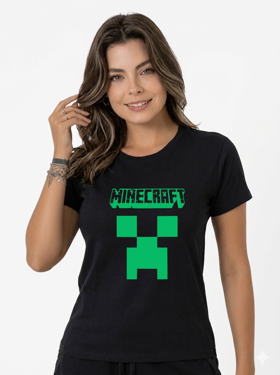 Camiseta Manga Curta Baby Look Feminina Preta Minecraft Creeper mlr