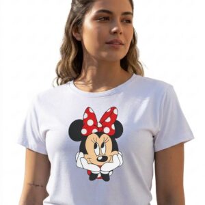 Camiseta Manga Curta Adulto Baby Look Feminina Branca Minnie Mouse mlr