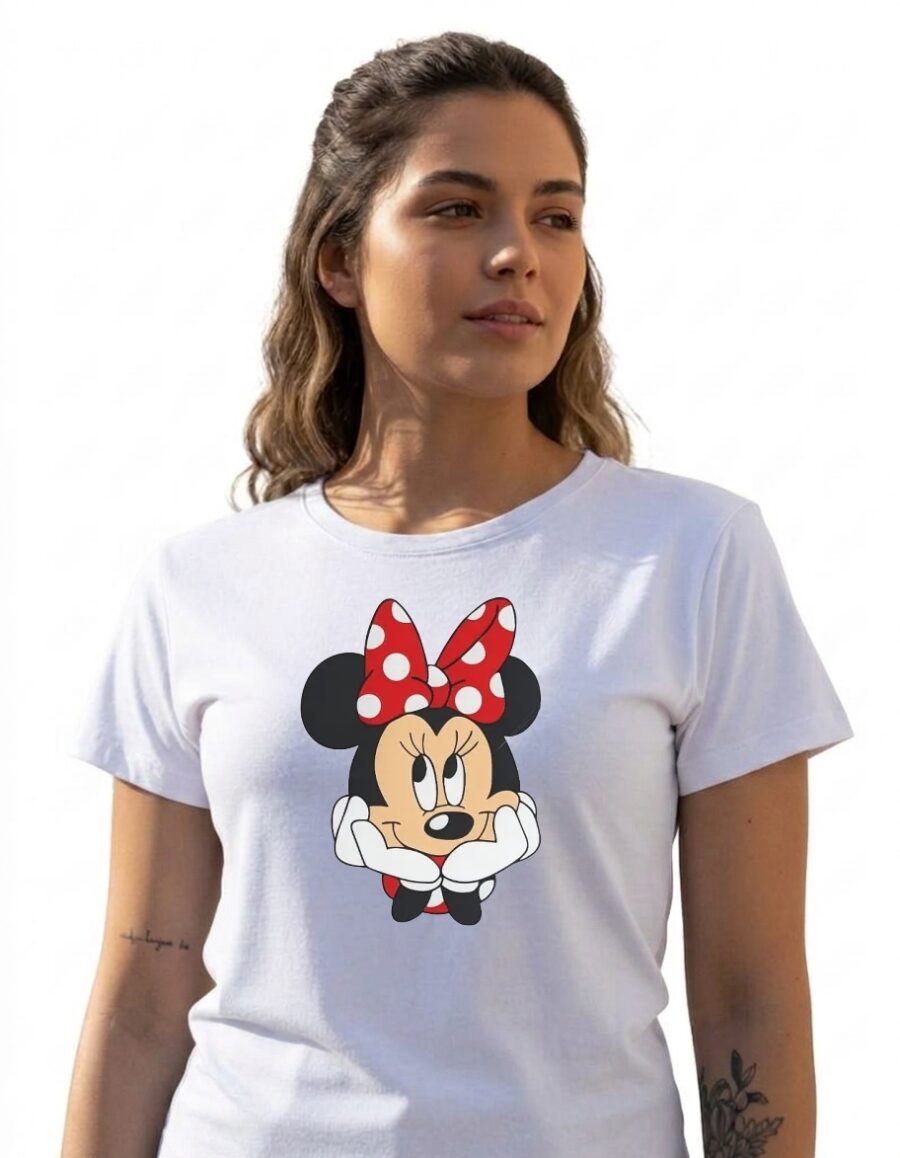 Camiseta Manga Curta Adulto Baby Look Feminina Branca Minnie Mouse mlr