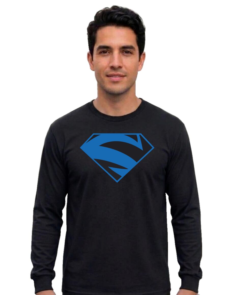 Camiseta Manga Comprida Longa Preta Adulto Unissex Super Homem Elétrico Logo Azul Silk Screen Manual Spe