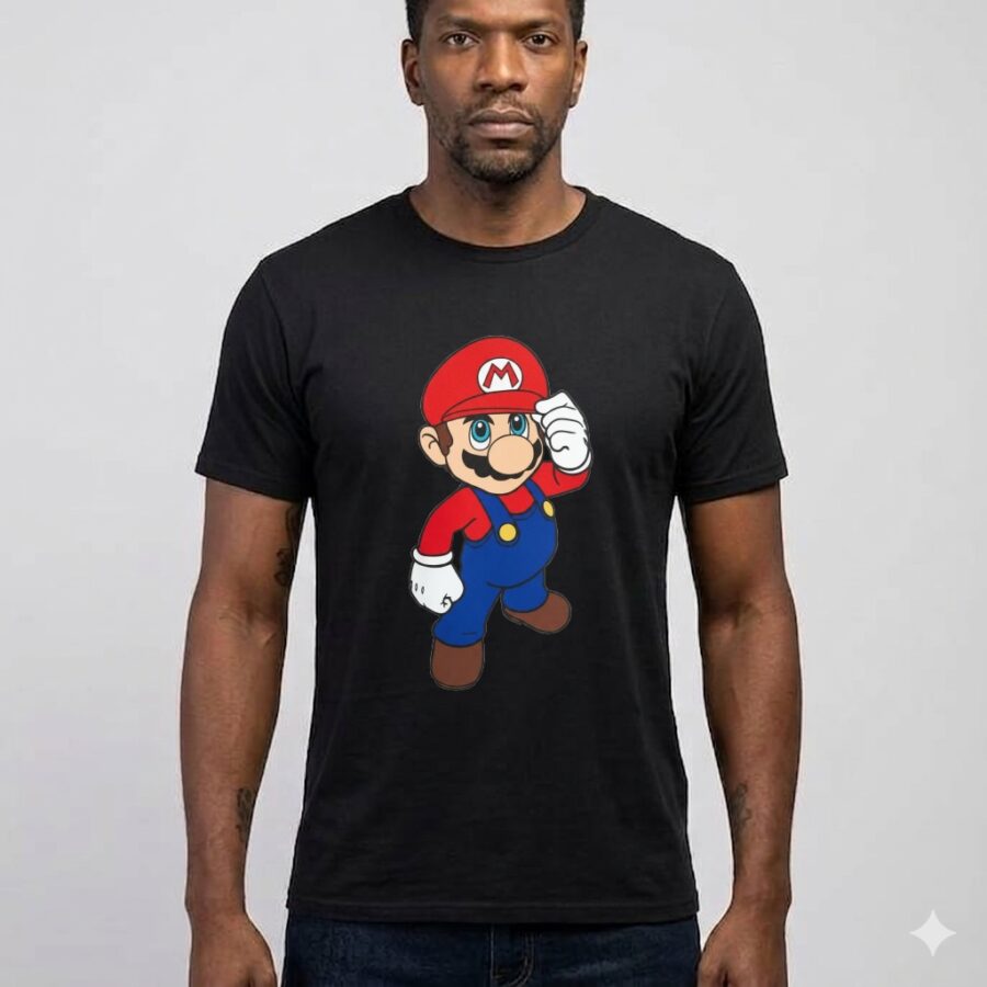 Camiseta Preta Manga Curta Adulto Unissex Super Mario Bros mlc