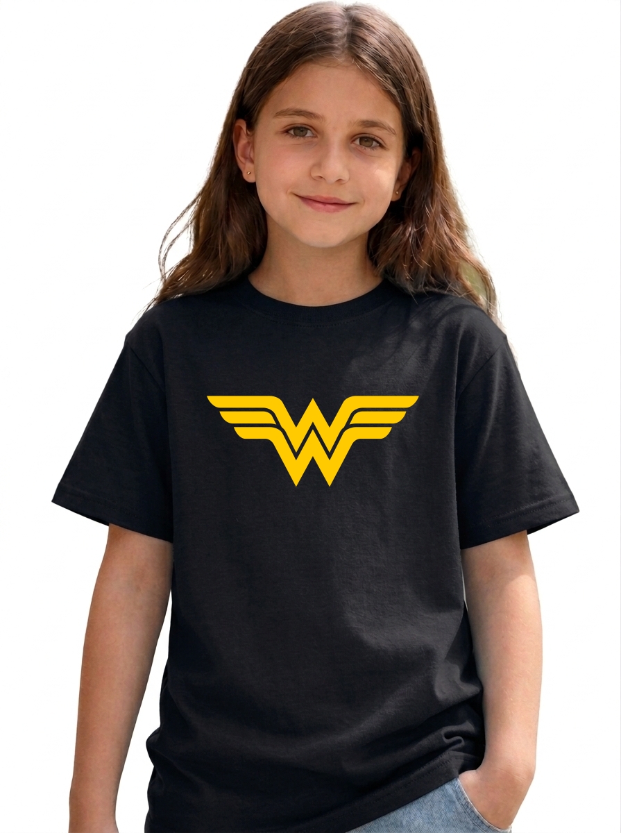 1 Camiseta Preta Infantil Unissex Mulher Maravilha mlc