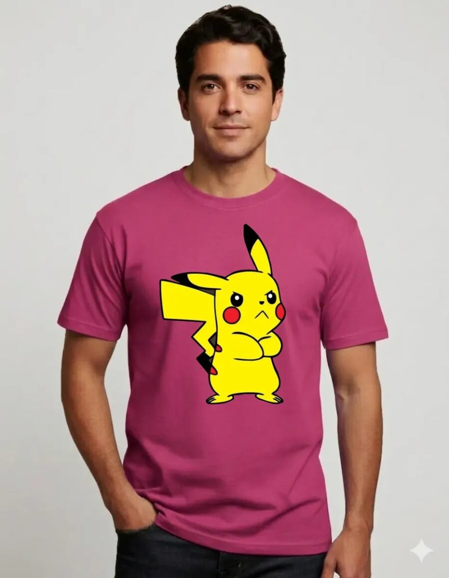 Camiseta Rosa Manga Curta Adulto Unissex Pokémon Pikachu mlc