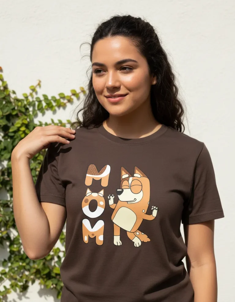 Camiseta Malha PV Manga Curta Baby Look Feminina Marrom Bluey Mãe Chilli mlc