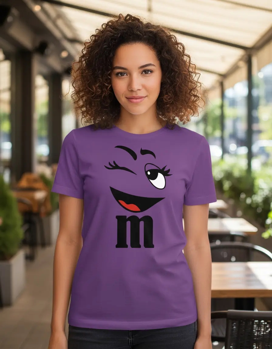 Camiseta Roxa Manga Curta m&m Baby Look Piscadinha Divertido mlc