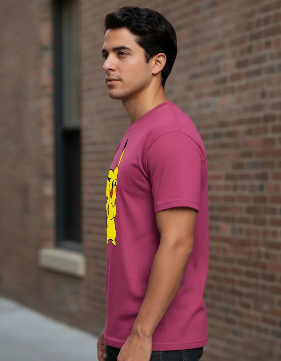 Camiseta Rosa Manga Curta Adulto Unissex Pokémon Pikachu mlc