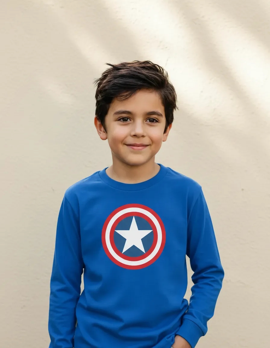 Camiseta Manga Longa Infantil Unissex Azul Capitão América mlc