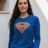 Camiseta Manga Longa Baby Look Azul Supergirl mlr