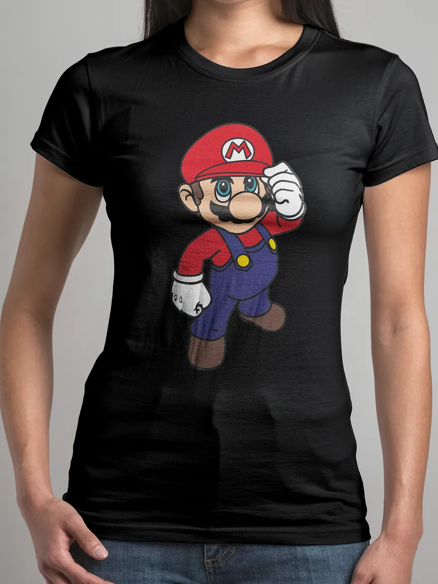 Camiseta Preta Feminina Baby Look Mario Bros Mod. 2 mlr