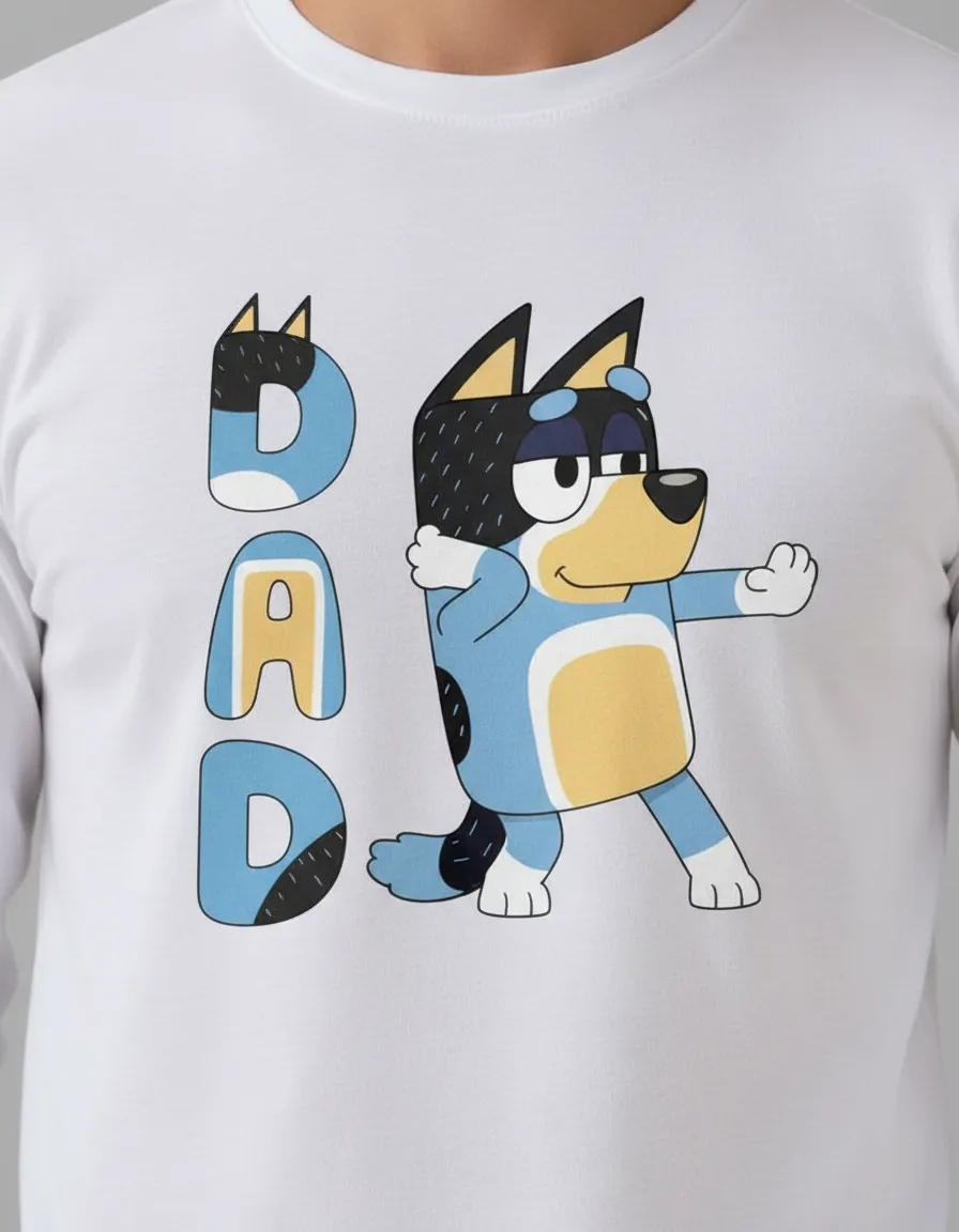 Camiseta Branca Manga Longa Bluey Bandit Pai Dia Dos Pais mlc