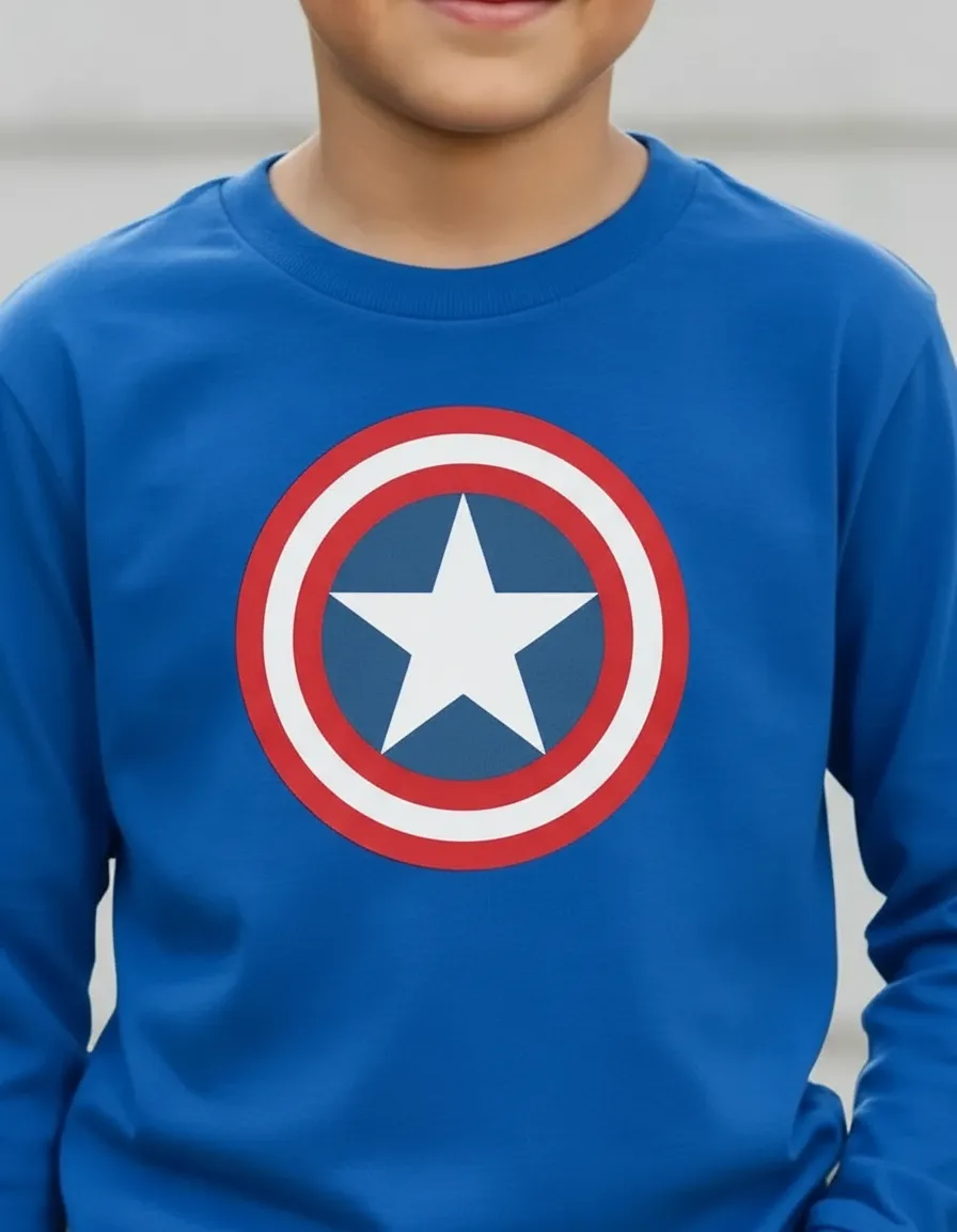 Camiseta Manga Longa Infantil Unissex Azul Capitão América mlc