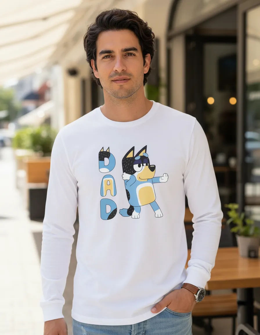 Camiseta Branca Manga Longa Bluey Bandit Pai Dia Dos Pais mlc