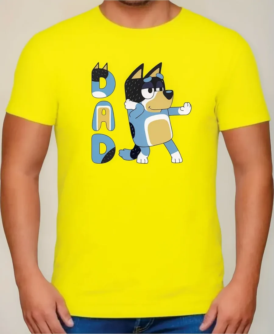 Camiseta Amarela Manga Curta Adulto Unissex Bluey Bandit Pai Silk Screen Manual Premium mlc