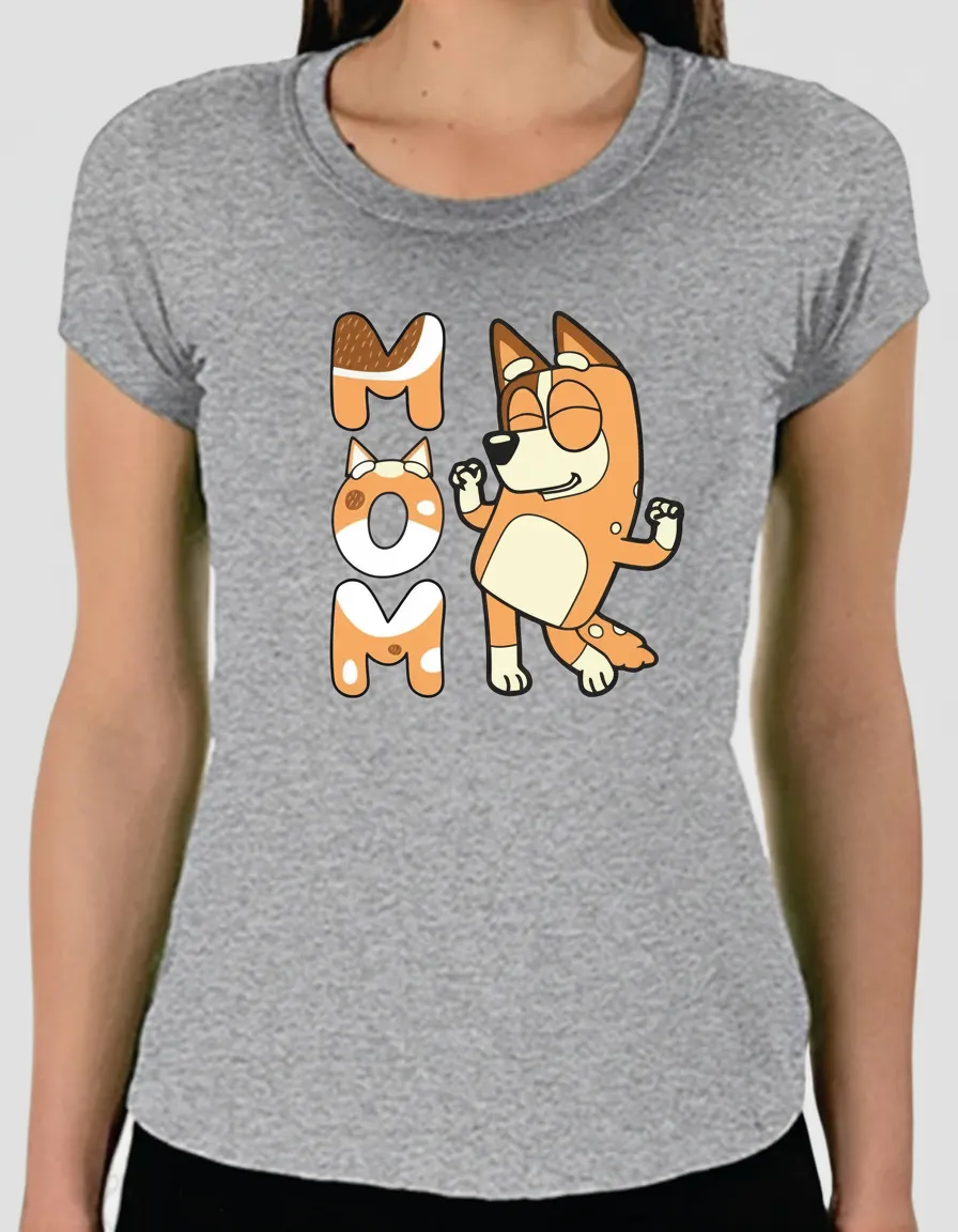 Camiseta Bluey Chilli Mãe Baby Look ( Cinza )