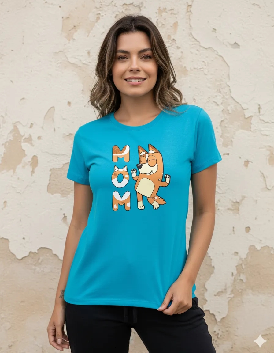 Camiseta Azul-turquesa Baby Look Feminina Bluey Mãe mlc