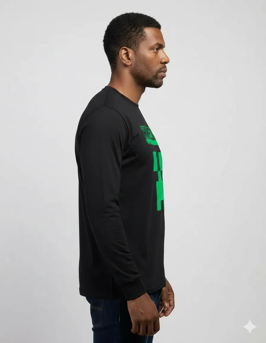 Camiseta Manga Comprida Adulto Unissex Preta Minecraft Creeper mlc