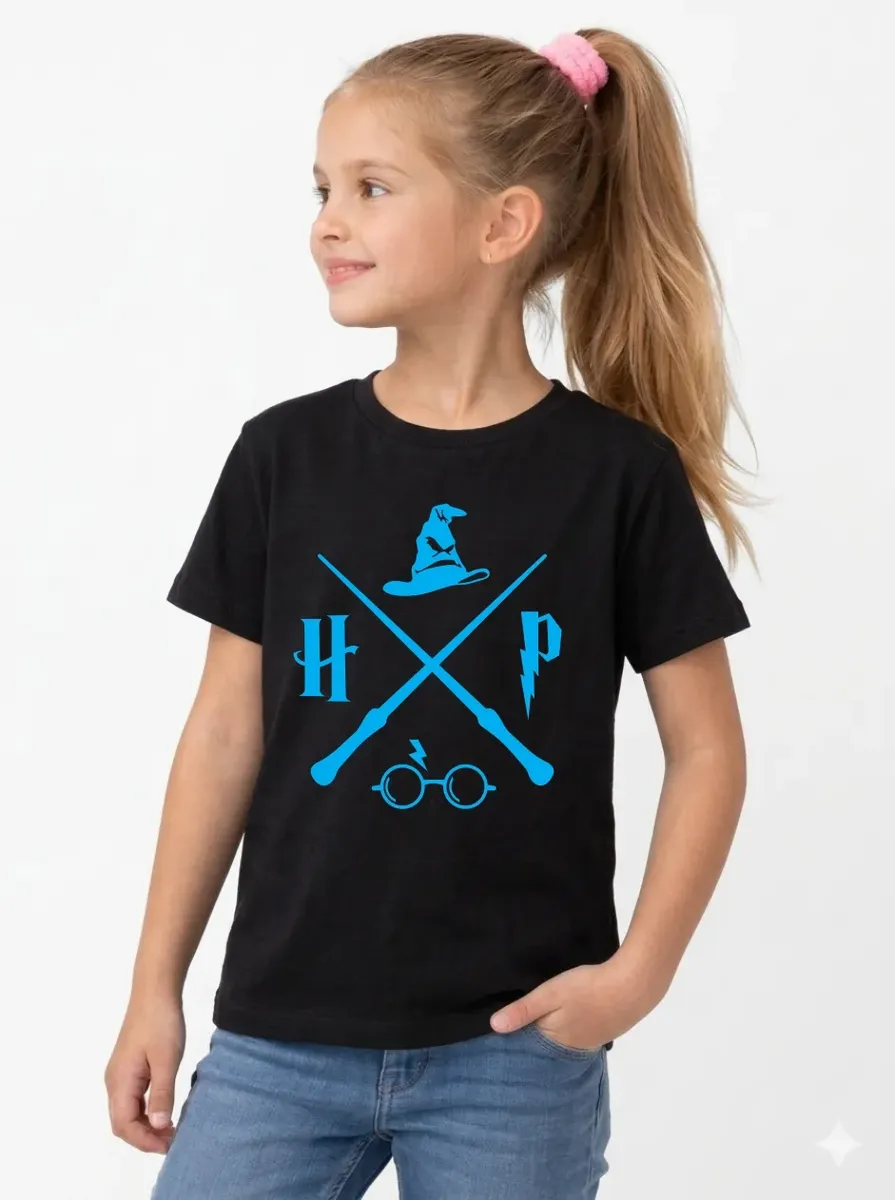 Camiseta Manga Curta Menino Menina Infantil Preta Harry Potter Logo Azul Estampa Silk Screen Manual Mercado Livre