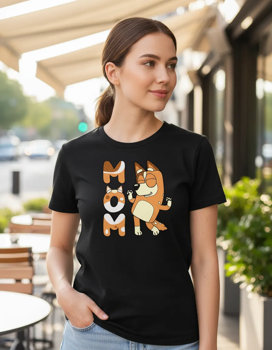 Camiseta Malha PV Manga Curta Baby Look Feminina Marrom Bluey Mãe Chilli spe
