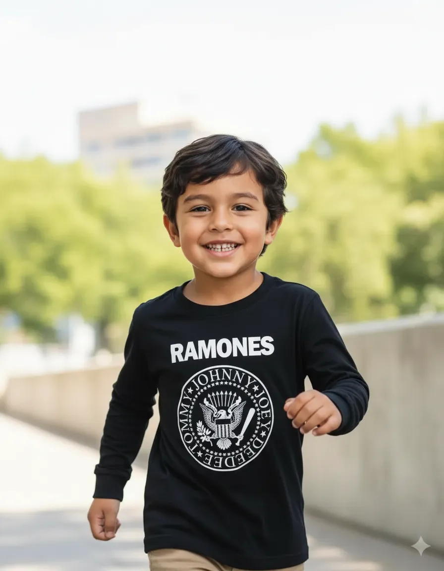 Camiseta Manga Longa Preta Infantil Unissex Banda Ramones mlc