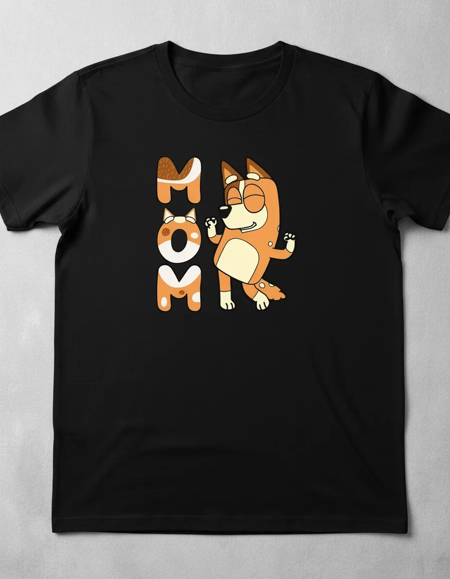 Camiseta Preta Manga Curta Baby Look Feminina Bluey Mãe Chilli mlr