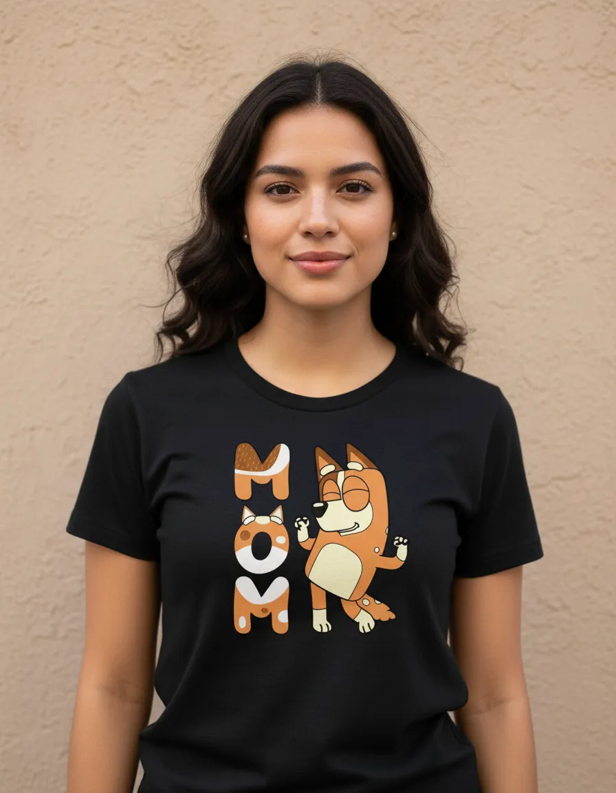 Camiseta Preta Manga Curta Baby Look Feminina Bluey Mãe Chilli mlr