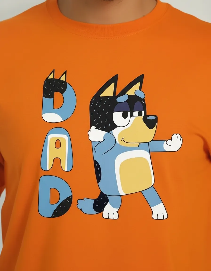Camiseta Laranja Adulto Unissex Bluey Pai Bandit mlc