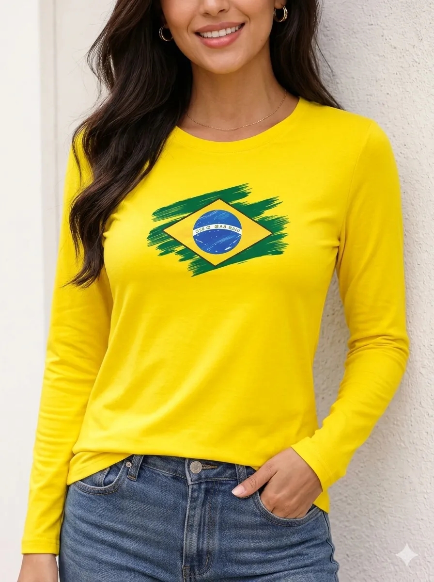 Camiseta Amarela Baby Look Manga Longa Copa ( Meu Brasil ) mlc