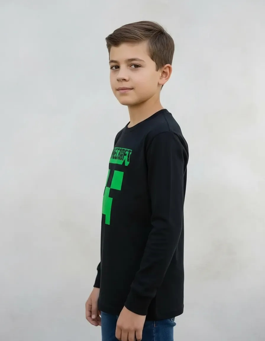 Camiseta Manga Comprida Longa Preta Infantil Unissex Minecraft Creeper Silk Screen Manual mlc