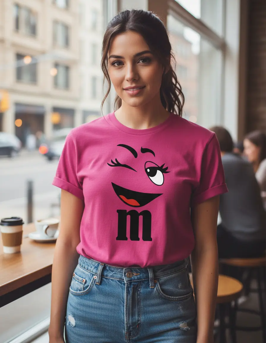 Camiseta Rosa M&m Baby Look Piscadinha Divertido mlc