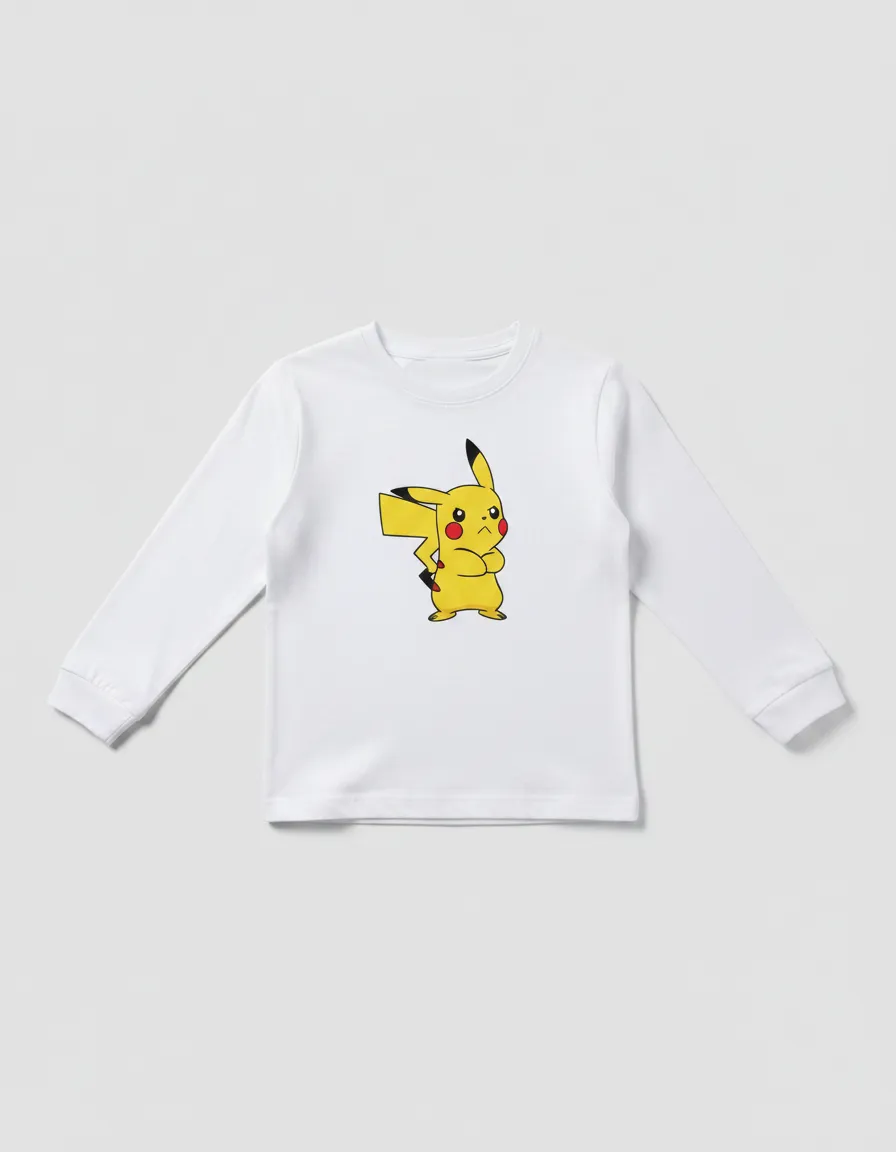 Camiseta Manga Longa Branca Infantil Pikachu