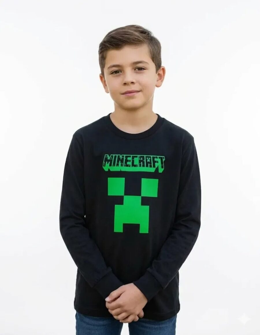 Camiseta Manga Comprida Longa Preta Infantil Unissex Minecraft Creeper Silk Screen Manual mlc