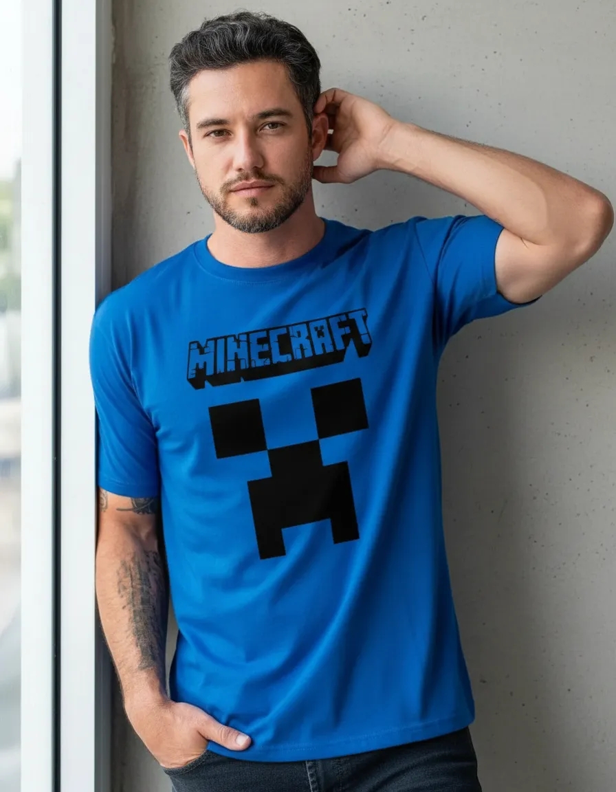 Camiseta Manga Curta Adulto Unissex Azul-royal Minecraft Creeper mlc
