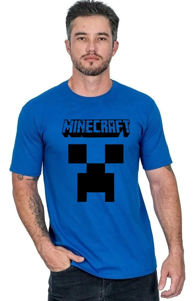 Camiseta Manga Curta Adulto Unissex Azul-royal Minecraft Creeper mlc