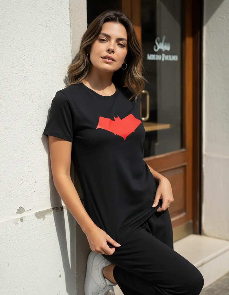 Camiseta Preta Manga Curta Baby Look Robin Capuz Vermelho mlc